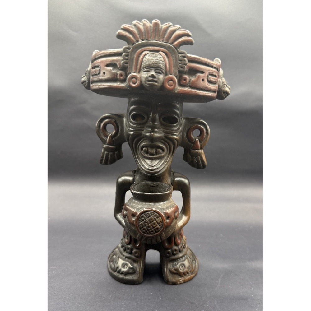 Vintage Aztec Mayan Style Huehueteotl Figure Rattle Eyes 8" Folk Art
